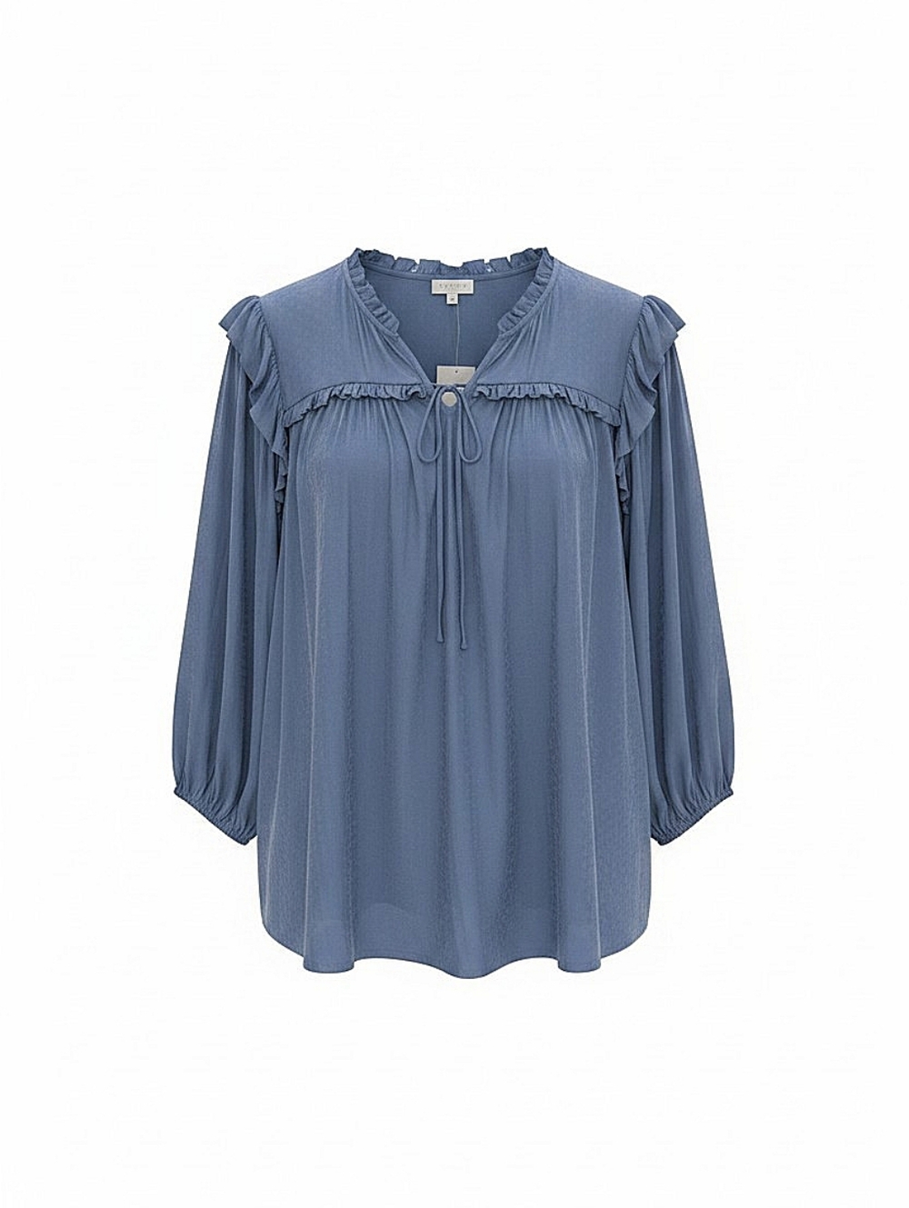 NWT! Blue Ruffle-Trim Long Sleeve Women's Top - Picture 2 of 3